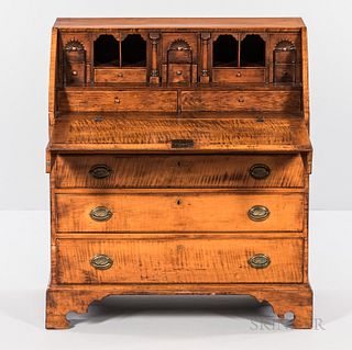 Chippendale Tiger Maple and Pine Slant-lid Desk, Massachusetts, last half 18th century, the stepped interior with fan-carved blocked dr