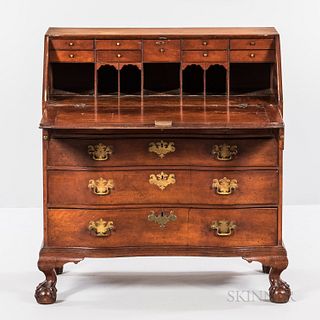 Chippendale Carved Cherry Oxbow Serpentine Slant-lid Desk, Massachusetts, c. 1760-80, with interior of nine drawers and seven compartme