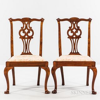 Pair of Chippendale Carved Mahogany Side Chairs, Massachusetts, c. 1760-80, the carved serpentine crest rails above "owl" splats, with