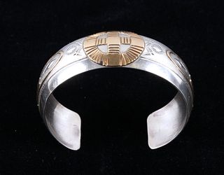 Navajo Sterling & Gold Tooled Signed Bracelet