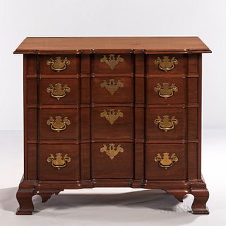 Chippendale Carved Mahogany Block-front Chest of Drawers, probably Boston, Massachusetts, c. 1760-80, the molded top on a cockbeaded ca