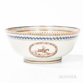 Chinese Export Porcelain Punch Bowl with Hunt Scenes, late 18th century, the bowl interior with complex border incorporating drapery an