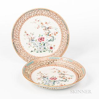 Pair of Polychrome Decorated and Reticulated Chinese Export Porcelain Plates, late 18th century, the central field with birds on flower