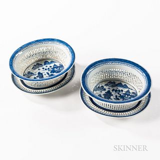 Near Pair of Large Canton Pattern Chinese Export Porcelain Reticulated Fruit Bowls and Underplates, 19th century, the bowls with flared