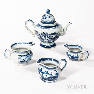 Four Pieces of Canton Pattern Chinese Export Porcelain Teaware, 19th century, a teapot and four small pitchers, ht. 8 1/2 in.
