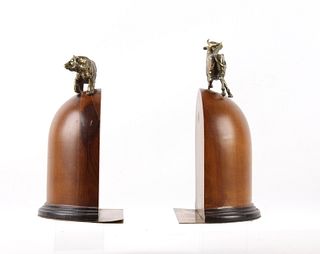 Bull & Bear Brass Sculpture Stained Pine Bookends