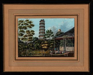 Chinese School, 19th Century, Picture of a House and Pagoda, Unsigned., Condition: A few minor surface blemishes/spots of pigment loss;