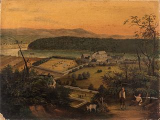 Anglo/American School, 19th Century, Town Scene on a River in a Mountainous Landscape, Unsigned., Condition: Scratch with pigment loss,