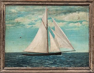 American School, Late 19th Century, Folk Painting of a Sailboat, Unsigned., Condition: Craquelure with spot of paint loss in the sky, p