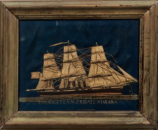 Needlework Portrait of the "US Steam Frigate Niagara," mid-19th century, worked in silk threads on linen, (imperfections), 10 x 13 in.,
