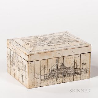 Scrimshaw-decorated Whalebone Covered Box, 19th century, the box constructed of wood but entirely covered in sections of applied whaleb