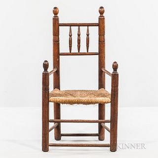 Turned Oak Armchair, probably Massachusetts, late 17th century, the turned stiles joined by vertical and horizontal spindles, and flank