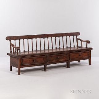 Yellow Pine and Walnut Bench, Pennsylvania, early 19th century, the crest rail incised with repeating ovals above carved and turned spi