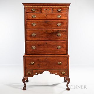 Chippendale Carved Walnut Chest-on-chest, Pennsylvania, c. 1760-80, the flat-molded and inlaid cornice above the upper section of thumb