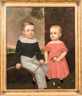 American School, Early 19th Century, Portrait of Two Children, Unsigned., Condition: Relined, two small repaired tears with associated