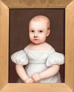 American School, Early 19th Century, Portrait of a Child in White, Unsigned., Condition: No evidence of inpainting., Oil on wood panel,