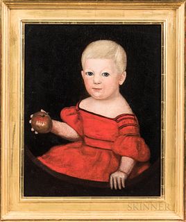 American School, 19th Century, Portrait of a Child in a Red Dress Holding an Apple, Unsigned., Condition: Relined, replaced stretcher,