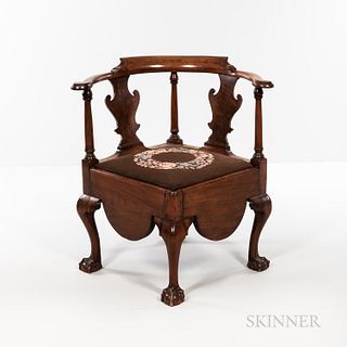 Chippendale Carved Mahogany Chamber Chair, New York, c. 1760-80, the shaped crest rail and scrolled arms above vasiform splats and turn