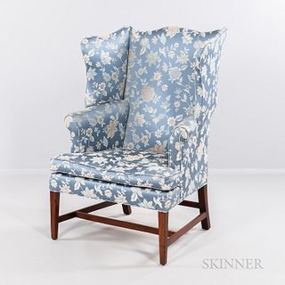 Federal Upholstered Inlaid Mahogany Easy Chair, probably New England, c. 1795-1805, with serpentine back and outward-scrolling arms on