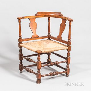Turned Cherry Roundabout Chair, New England, 18th century, concave crest rail with scrolled arms on three vase- and ring-turned stiles