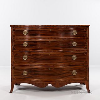 Federal Mahogany Inlaid Reverse-serpentine Bureau, possibly New York, c. 1795-1805, the shaped top on a conforming case of string-inlai