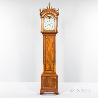 Federal Inlaid Mahogany Tall Case Clock, Massachusetts, c. 1805-10, the case with inlaid stringing, crossbanding, and quarter-fans, the