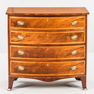 Federal Inlaid Cherry Swell-front Bureau, New England, c. 1805-10, the case of cockbeaded drawers with tiger maple crossbandings and st