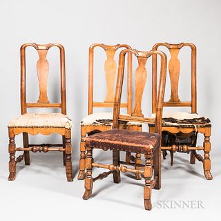 Four Maple Side Chairs, New England, last half 18th century, carved yoked crest rails above vasiform splats and raking molded stiles, w