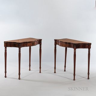 Pair of Federal Inlaid Mahogany Card Tables, probably Massachusetts, c. 1810-15, the shaped tops on conformingly shaped frames with mah