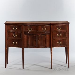 Small Federal Mahogany and Mahogany Veneer Inlaid Sideboard, possibly Rhode Island, c. 1795-1810, the serpentine top with crossbanded e