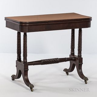 Federal Carved Mahogany Card Table, attributed to Thomas Seymour, Boston, c. 1820, the folding top with round corners and molded edge o
