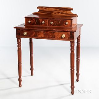 Mahogany Dressing Table, probably Massachusetts, c. 1820-25, the scrolled backboard above two short drawers, and projecting case of one