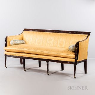 Federal-style Carved Mahogany Sofa, in the manner of Duncan Phyfe, New York, 20th century, crest rail carved with sheaves of wheat tied