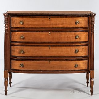 Federal Inlaid Walnut Bureau, probably Massachusetts, c. 1815-20, the top with bowed front, ovolo corners, and carved beaded edge, on a