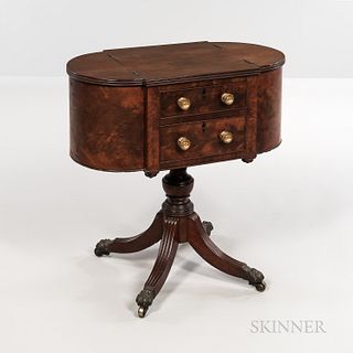 Federal Carved Mahogany and Mahogany Veneer Astragal-end Worktable, New York, c. 1810-20, the two hinged demilune tops above compartmen