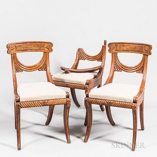 Three "Grecian" Carved Mahogany Side Chairs, Boston, Massachusetts, c. 1815-25, with tablet crests, drapery- and anthemion-carved splat
