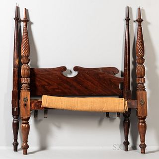 Classical Grain-painted Carved Mahogany Canopy Bed, Massachusetts, c. 1820-25, the footposts with spiral, leaf, and pineapple carving a