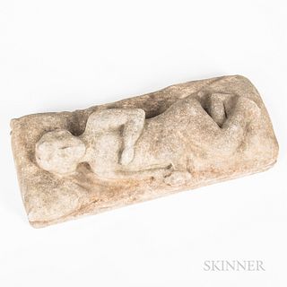 Carved Stone Sculpture of a Reclining Figure, 19th century, the figure with a water jug at her side, ht. 7, wd. 22, dp. 9 in.
