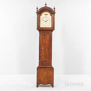 Cherry Tall Case Clock, Silas Hoadley, Plymouth, Connecticut, early 19th century, the wooden dial showing a village scene in the arch,