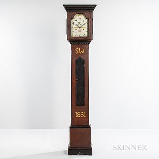 Paint-decorated Wooden Works Tall Clock, Riley Whiting, Winchester, Connecticut, c. 1831, the hood with flat cornice, paneled sides, an