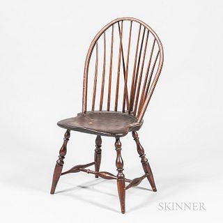 Braced Bow-back Windsor Side Chair, New England, c. 1790, with saddle seat and vase and ring turnings, old finish, ht. 36, seat ht. 16