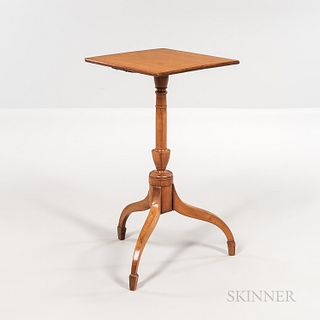 Federal Inlaid Cherry Candlestand, New England, c. 1800-10, the string-inlaid top on a vase- and ring-turned post on tripod base of sha
