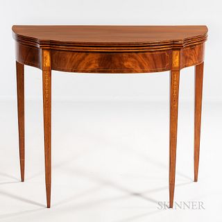 Federal Inlaid Mahogany Card Table, probably Massachusetts, c. 1795-1805, the shaped top with elliptical front, half serpentine ends, a