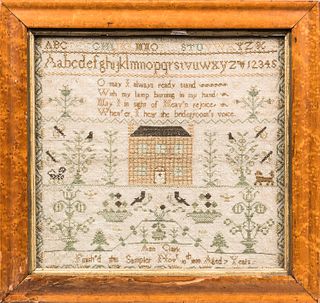 Needlework Sampler "Ann Clark," 1830, worked in threads on a linen ground, comprised of two alphanumeric lines above a verse, and large