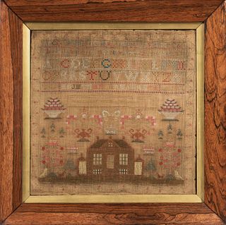 Needlework Sampler "Margaret Muir Lonehead," probably England, c. 1840, with alphanumeric and pictorial registers, (toned), 16 3/4 x 17