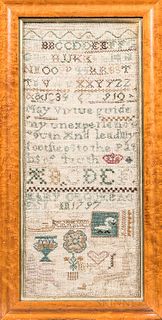 Needlework Sampler "Mary Crooks," probably England, 1797, worked on a coarse linen ground, with alphanumeric lines above a verse and a