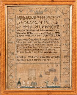 Needlework Sampler "Emeline Williams," probably New England, 1826, with alphanumeric and pictorial registers, (toned, stains), 22 x 17
