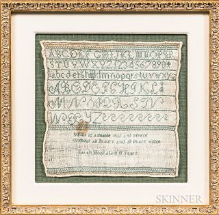 Small Needlework Sampler "Sarah Hood," probably New England, early 19th century, worked in green threads on a linen ground, with six al