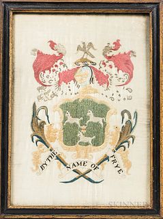 Needlework Coat of Arms "By the Name of Frye," early 19th century, worked in silk threads on a silk ground, the crest consisting of a s