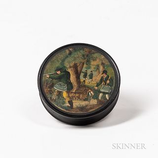 Circular Papier-mache Hunt-decorated Snuff Box, Continental, 19th century, with fitted lid, dia. 3 in.